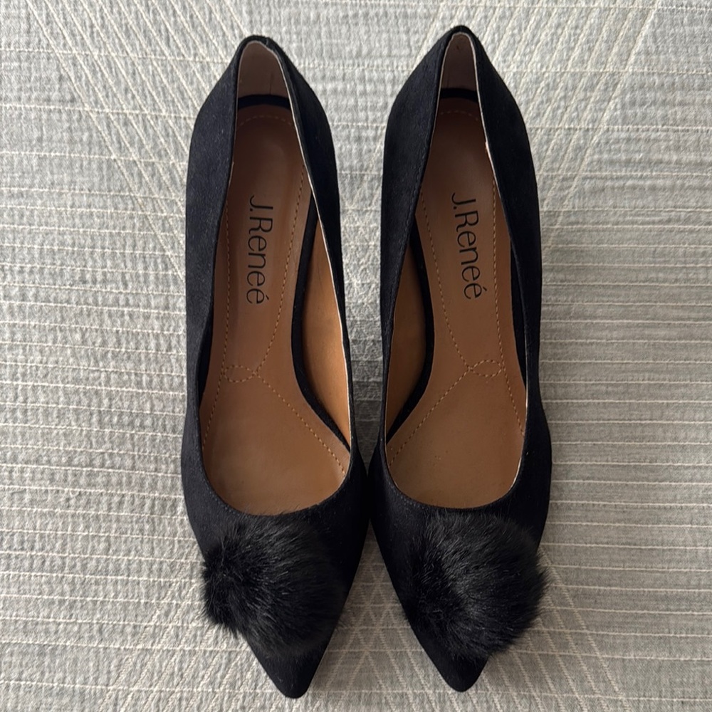 J.Renee Elegant Black Heels with Pom Pom Accent